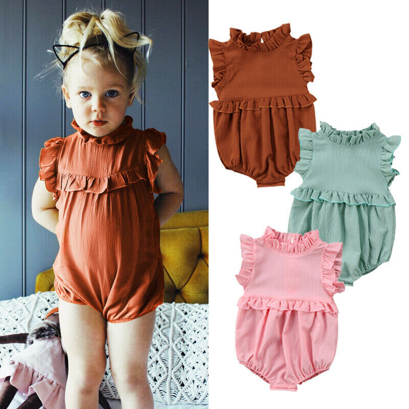 2022 Baby Summer Clothing Newborn Infant Baby Girls Romper Solid Cotton Playsuits Ruffled Sleeveless Strap Sunsuit High Quality