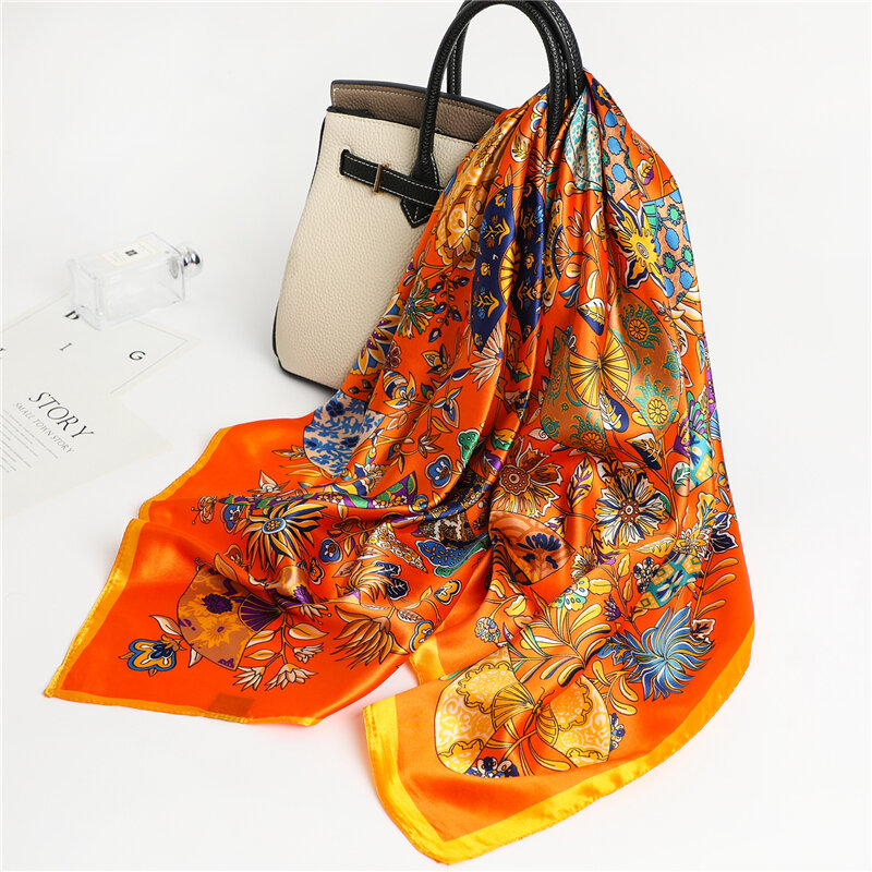 Moda cetim de seda lenço quadrado feminino hijab floral impressão xales saco envoltório senhoras bandana neckerchief foulard 90*90cm
