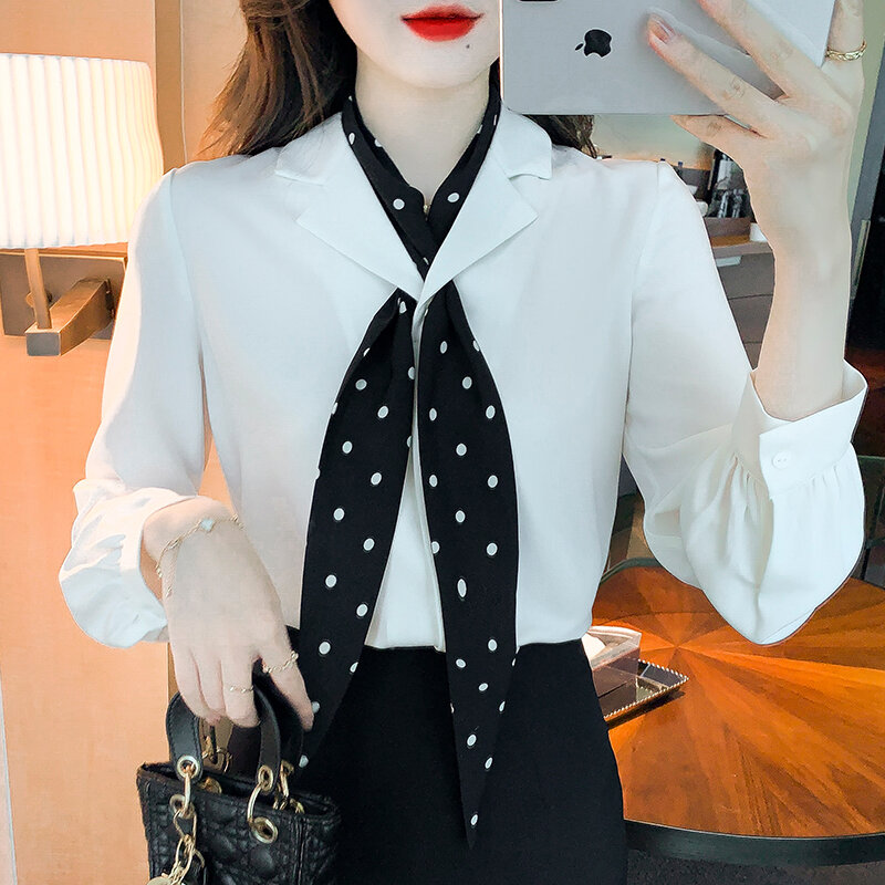 Solid White Notched Collar Chiffon Women Shirt Spring Long Sleeve with Polka Dots Designed Fashion Shirt Spring Womens Tops