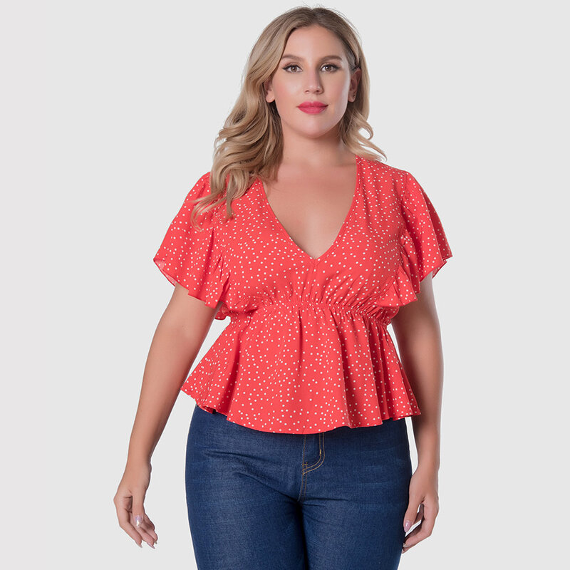 Plus Size Grote Vrouwen V-hals Temperament Commuter Top Golf Dot Ruches Taille Shirt