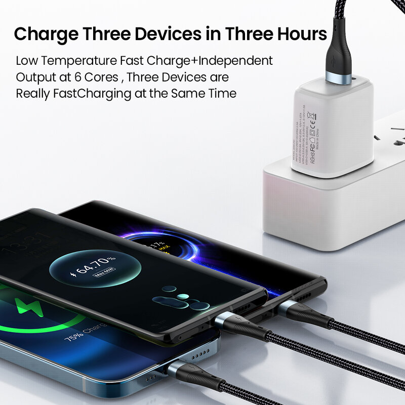 Зарядный кабель 3 в 1, 100 Вт, 6 А, USB Type-C, быстрая зарядка, Micro для iPhone 12, для Huawei, Xiaomi, Samsung, нейлоновый плетеный кабель для передачи данных