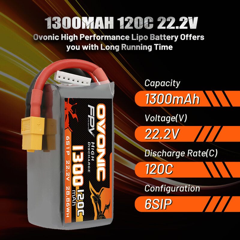 Batterie ovale LiPo 120C 6S, 1300mAh, 22.2V, avec prise XT60, pour course FPV