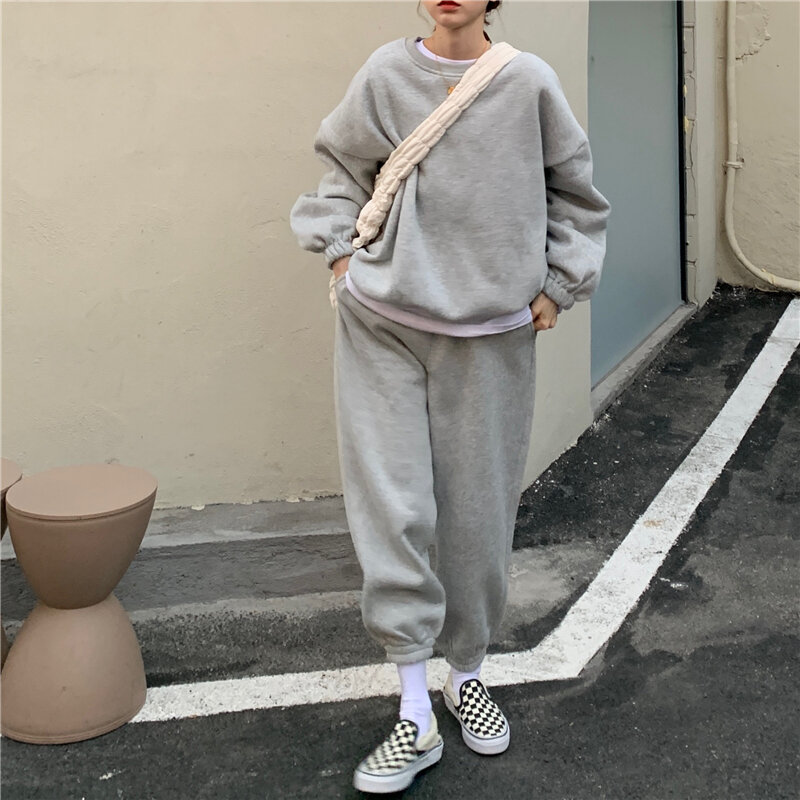 Womens Casual Fleece Tracksuits Two Pieces Set Hooded Sweatshirt Pants Solid Color Hoodie Suits Autumn Winter Outfits