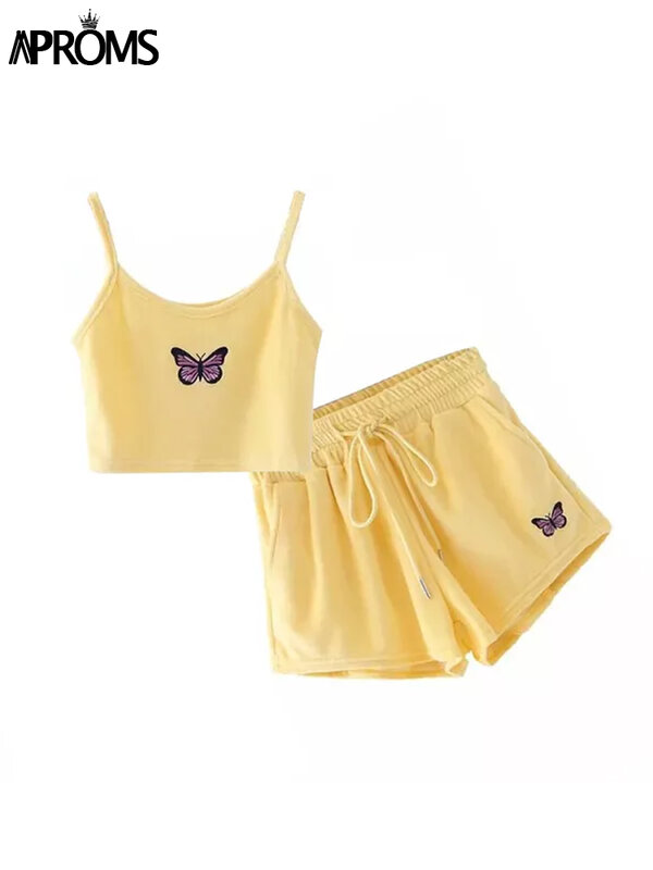 Aproms Yellow Velvet Crop Top and Shorts Women 2 Pieces Set Summer Embroidery Cami Drawstring Shorts Female Loungewear Suit 2022