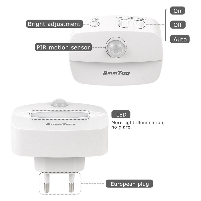 AmmToo-Mini lámpara LED de noche con Sensor de movimiento, luces nocturnas inalámbricas para dormitorio, mesita de noche, enchufe, pilas AAA, alimentadas para armario