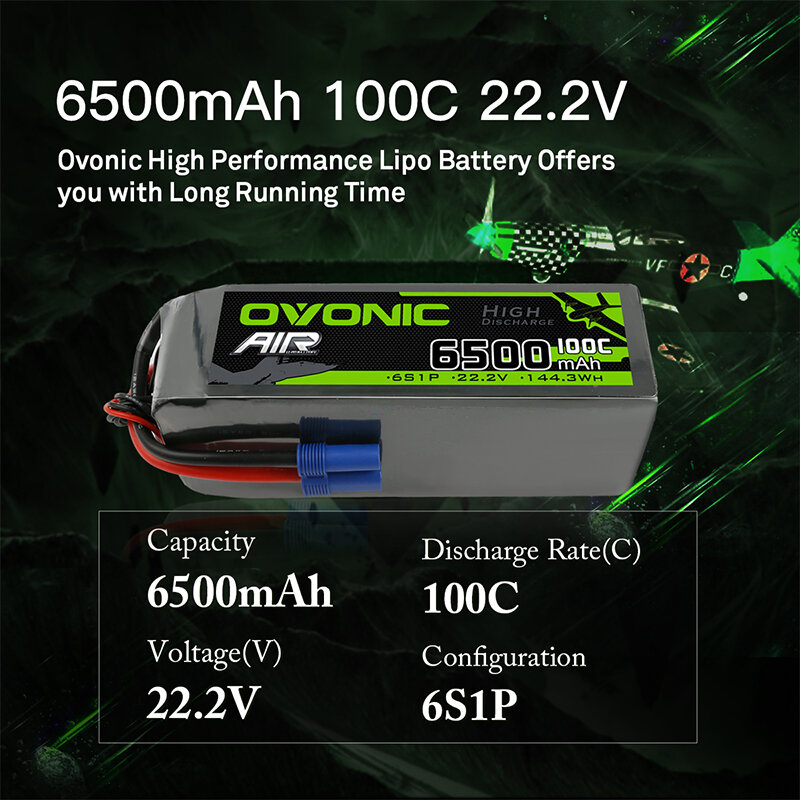 Ovonic-bateria de controle remoto, 22.2v, 6500 mah, 100c, 6s, rc, lipo, com plug ec5, para veículos 1/7 e 1/8, 1/10, para carrinho rc