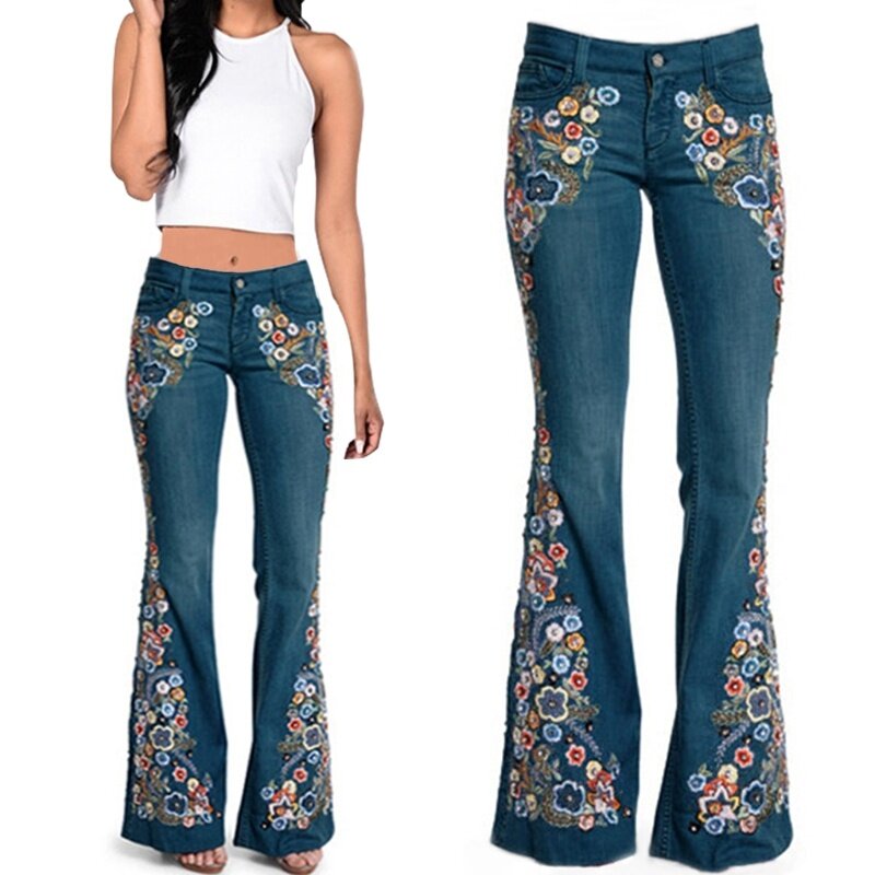 Женские джинсы-скинни, вышитый колокольчик, расклешенные джинсы с цветочным рисунком, весенние повседневные штаны, XS-4XL
