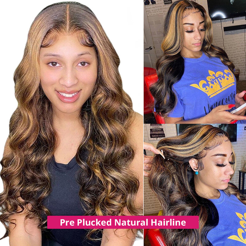 Honey Blonde Brown Highlights Lace Front Wig 13x4 Body Wave Frontal Wig Human Hair Pre Plucked 4x4 Closure Remy Thick 34 Inch