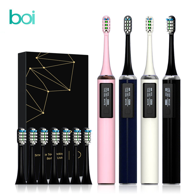 Boi-cepillo de dientes eléctrico sónico para adulto, dispositivo de limpieza inteligente con pantalla OLED, 5 modos, impermeable IPX7, Base inalámbrica