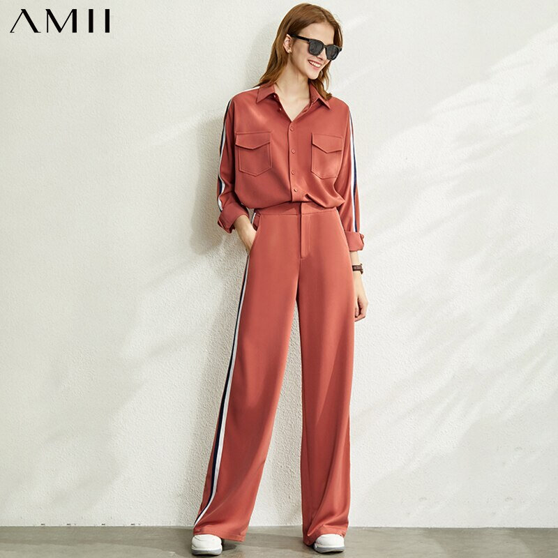 AMII Minimalism 가을 패션 여성 Spliced Lapel 여성 셔츠 탑스 High Waist Loose Pants 여성 별도 판매 12020879