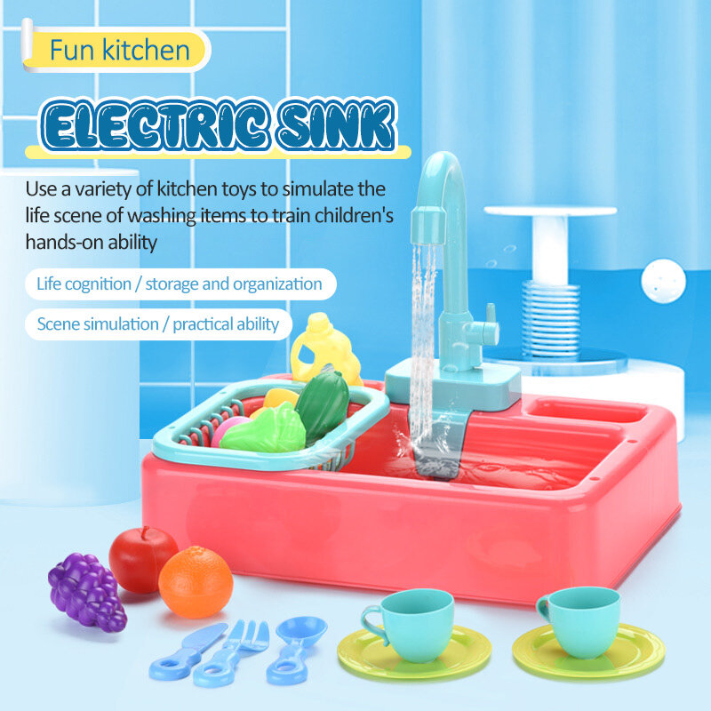 Fregadero eléctrico de cocina de simulación para niños, juego de lavado de comida, juguetes de frutas para niños, regalos educativos