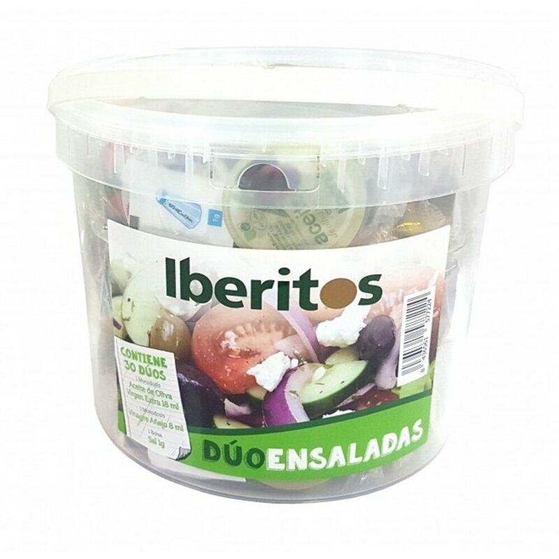 IBERITOS  - Cubo con 7 Packs para ensalada, Aceite de Oliva, Vinagre y sal