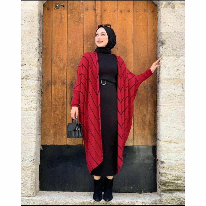 2 peças vestido de malha para mulheres muçulmanas, Batwing Stripe Pattern, Cardigan e manga longa, gola alta, Turkey, Turkey, Turkey