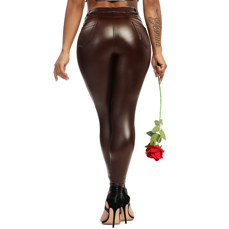 Leggings do plutônio dos bolsos da aptidão calças de yoga da cintura alta sexy curvy leggins elásticos 2021 moda estiramento calças de couro engrossado