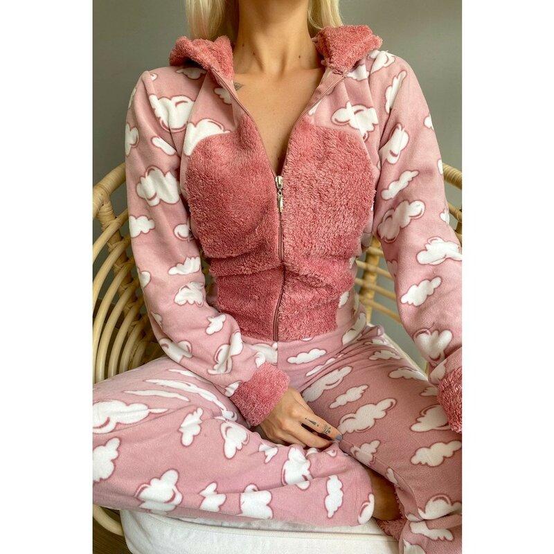 Cloud Patroon Vrouwen Pluche Fleece Nachtkleding Jumpsuit Pak Roze Mode Elegant Comfortabele Casual Herfst Winter Lente Hooded