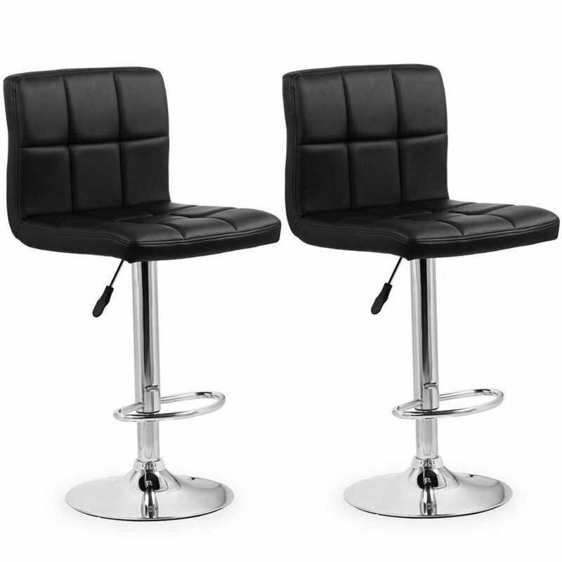 Set of 2 Faux Leather Bar Stool Adjustable Swivel Kitchen Dining Room Stool with Footrest and Backrest Black