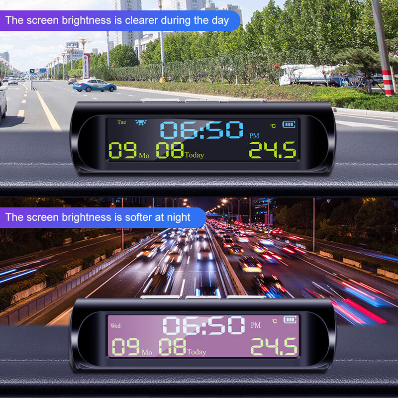 Carro usb carga solar relógio digital inteligente calendário de tempo temperatura display led automóvel acessórios interiores arranque automático