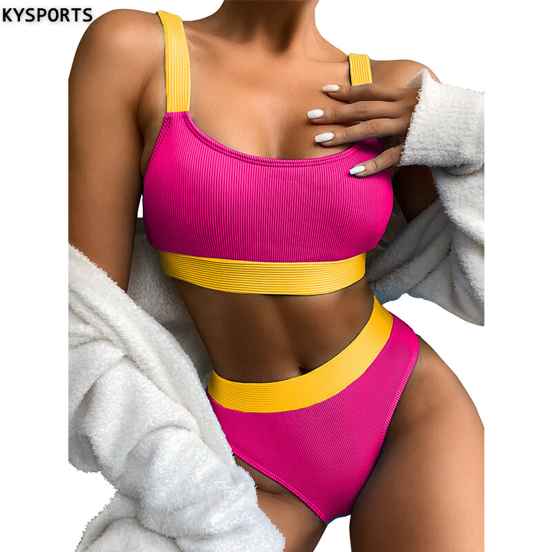 Bikini con cinturón de cintura alta para mujer, traje de baño Sexy con lazo frontal a rayas, ropa de playa femenina