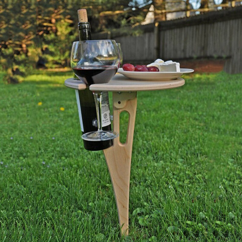 في الهواء الطلق طاولة النبيذ مع طوي سطح المكتب مستديرة صغيرة خشبية نزهة الجدول يسهل حملها النبيذ الرف دعم دروبشيبينغ