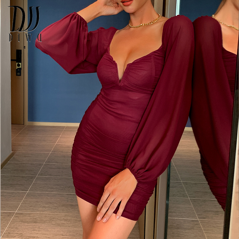 DIWU – Mini robe lanterne à manches longues pour femme, tenue Sexy, noire, sans bretelles, tenue de soirée, boîte de nuit, mode dames, romantique, française, 2022