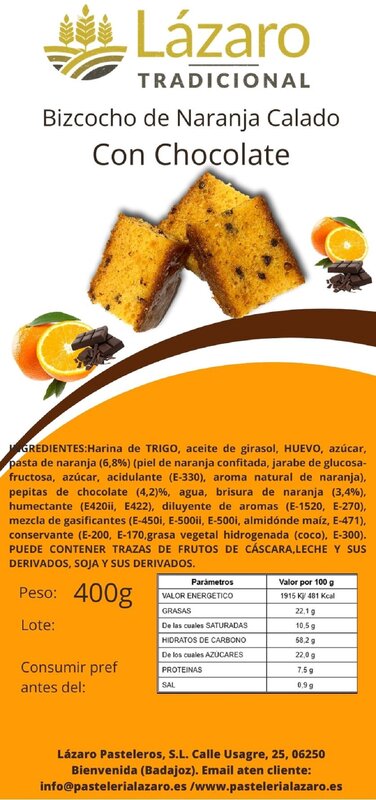 Surtido de Bizcochos Lázaro, 2 Blister de Bizcocho 2 Chocolates 400g y " Blister de naranja con Chocolate 400g.