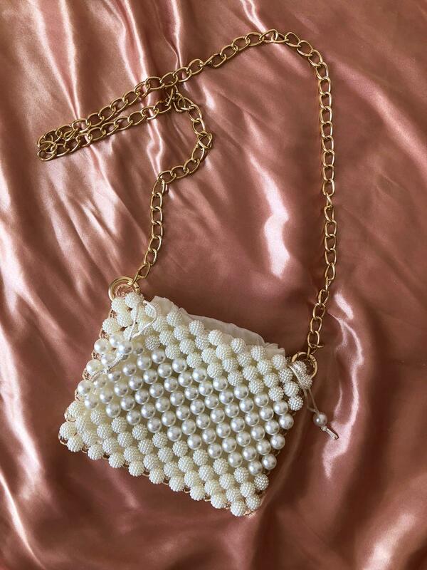 Crystal Handbag Beaded Women's Bag Stylish Personalized Design Chain Strap Beige Color 2021 Fashion Pearl Purse Handle Tote Case