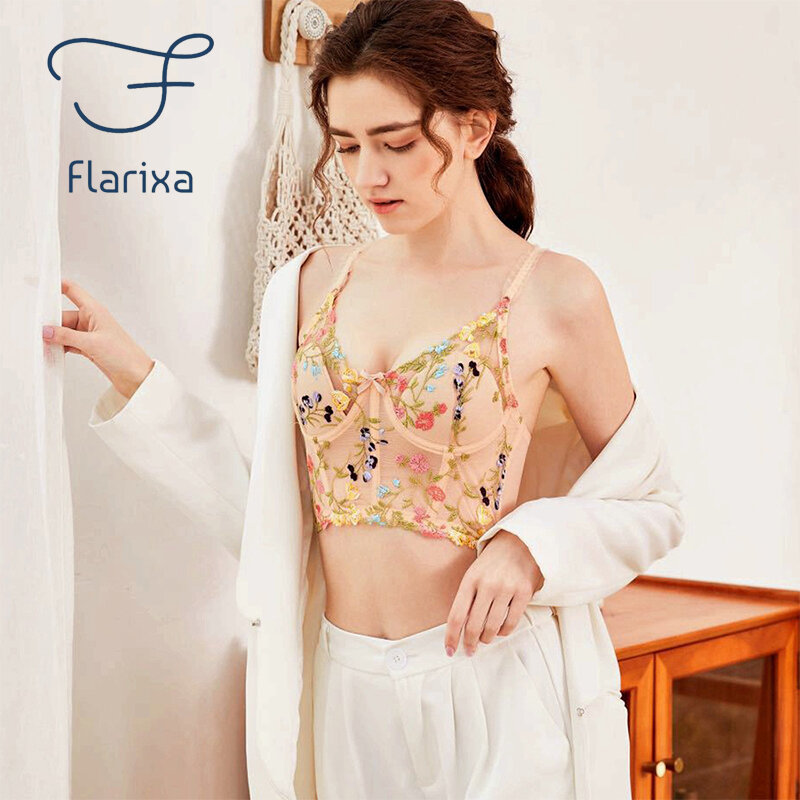 Flarixa 2022 seksowna koronkowa biustonosz bezszwowa niewidoczna bielizna biustonosz Push Up dla kobiet zakrętka tubki haft z różami prześwitujący biustonosz