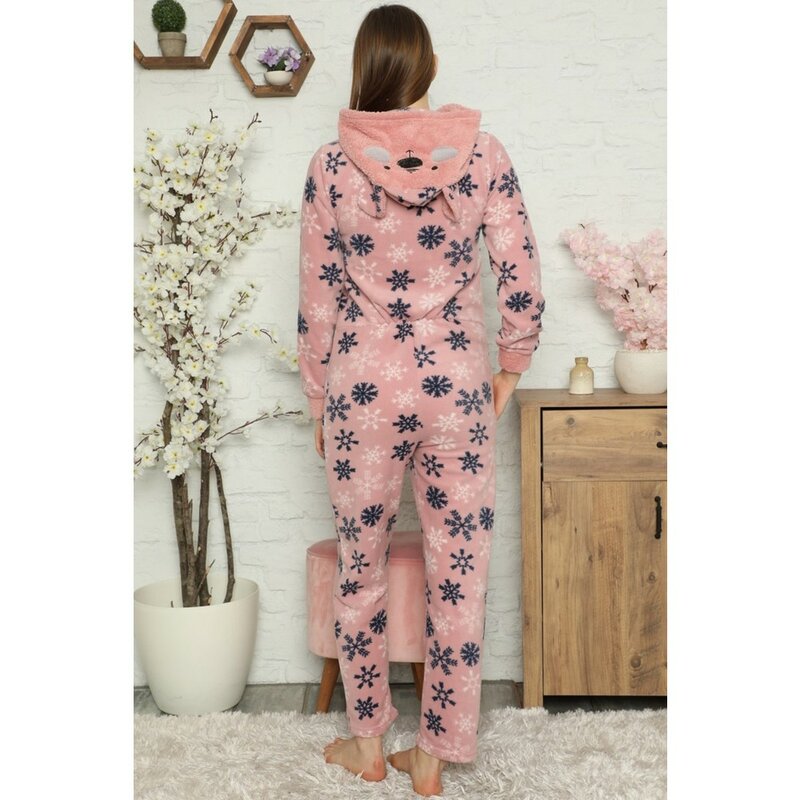 Snowflake patterned women's plush fleece pajamas set Winter autumn spring fashion elegant modern quality pink hooded casual casual