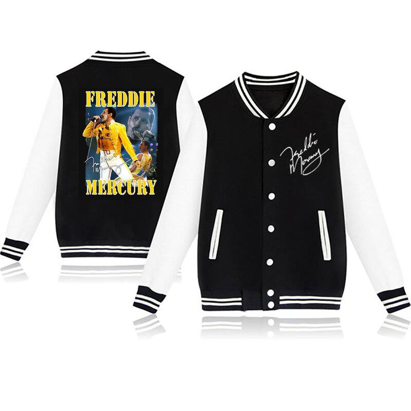Uniforme de béisbol con estampado de Freddie Mercury para hombre, chaqueta de invierno de lana negra, ropa de calle