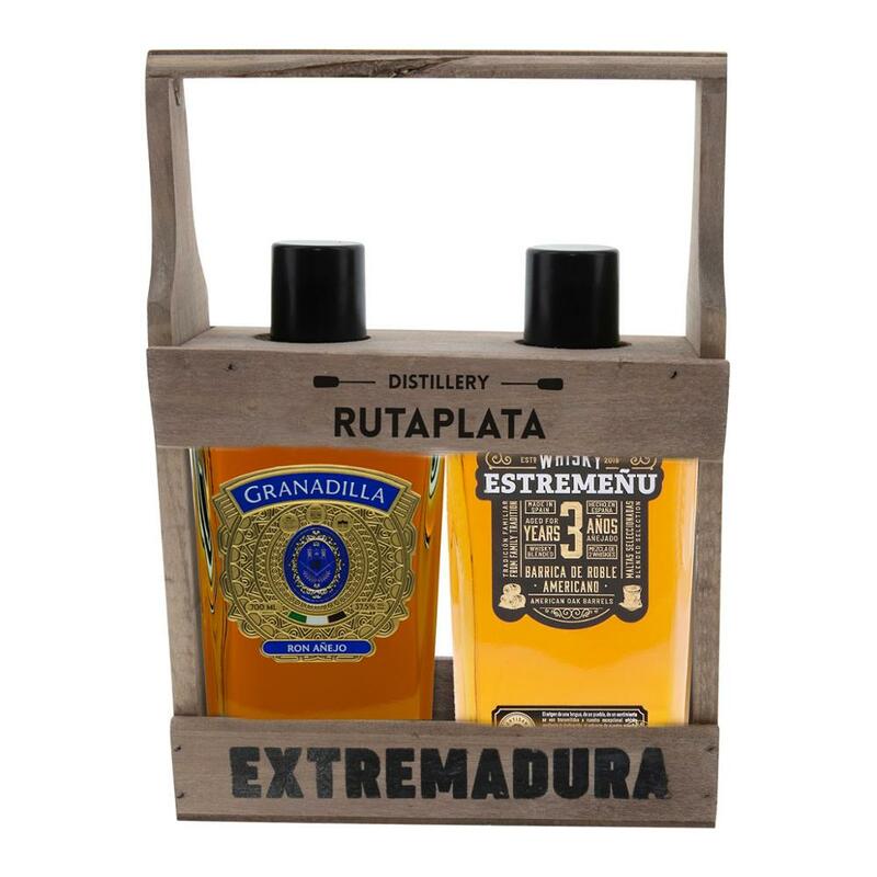 CEREX Caja regalo en madera 1 botella Whisky Estremeñu 700ml + 1 botella Ron Añejo Granadilla ideal regalo cocteles ruma 700ml