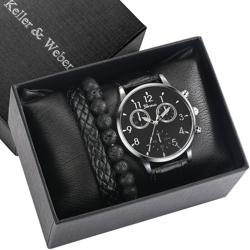 Relógio de pulso pulseira 3 pçs conjunto casual negócios pulseira de couro relógio de quartzo esporte relógio de pulso com caixa de presente relogio masculino