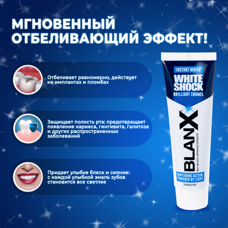 Зубная паста BlanX White Shock Instant White мгновенное отбеливание зубов 75 мл.