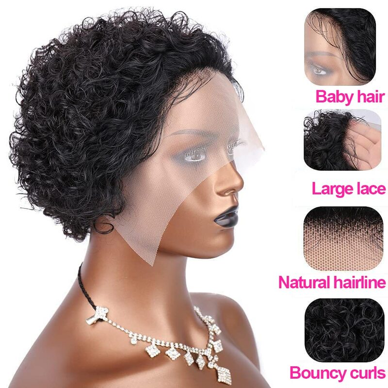 Peluca de cabello humano rizado con corte Pixie para mujer, pelucas de cabello humano con encaje Frontal, Perruque Cheveux Humain