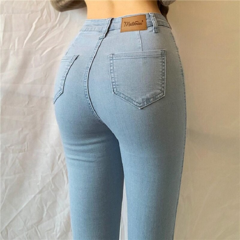 Jeans Ramping Celana Pensil Denim Kasual Ramping Pinggang Tinggi Wanita Ukuran Besar 2021
