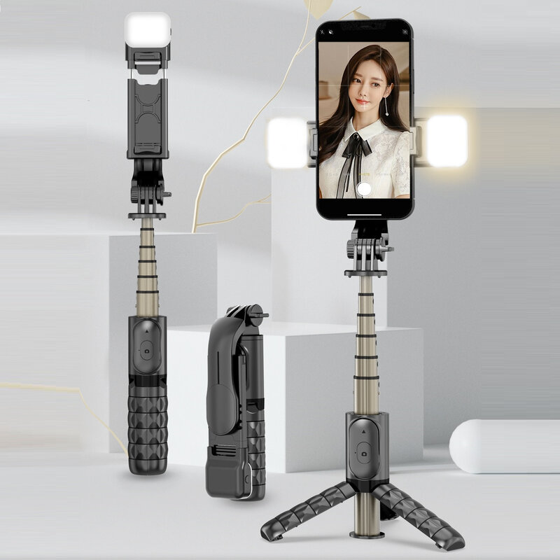 スマートフォンq11s用Bluetooth付きミニ三脚,折りたたみ式,自撮り写真用,ライト付き