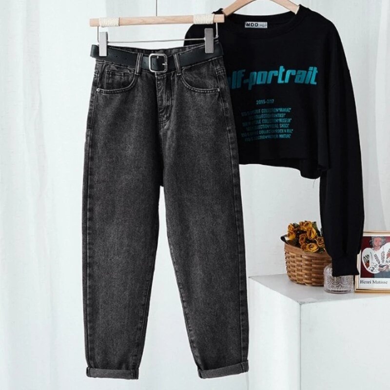 Mulheres casuais de cintura alta harem jeans moda solto femme denim calças jeans streetwear za cowboy calças 2021 panos outono