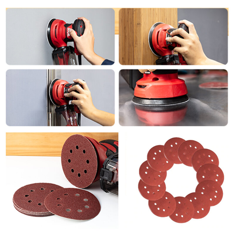 20pcs 5 Inch 125mm Red Round Shape Sanding Discs Hook Loop Paper Buffing Sheet Sandpaper 8 Hole Sander Polishing Pad Tools