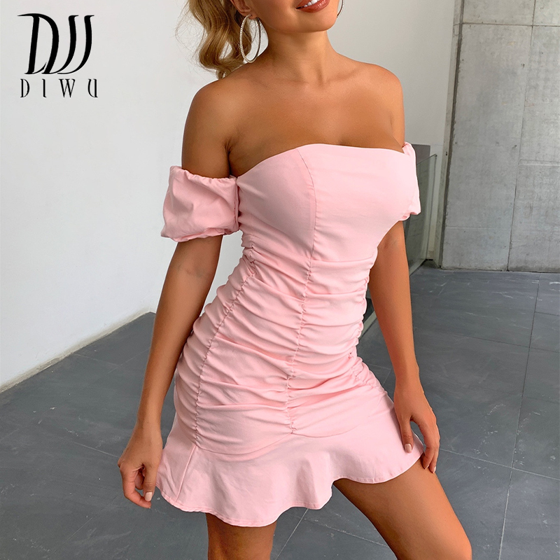 DIWU – robe Sexy sans bretelles, épaules dénudées, manches lanternes, froncée, moulante, tenue de soirée, Club