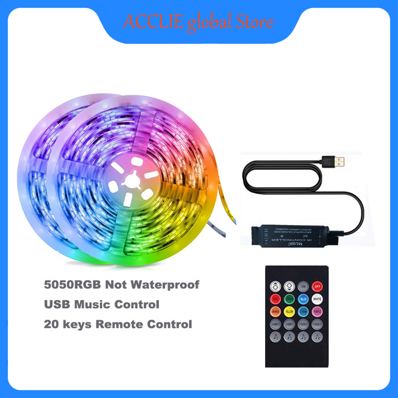 Светодиодная ленсветильник RGB 5050 с изменением цвета и синхронизацией музыки, 1 м, 5 м, 10 м, 20 м