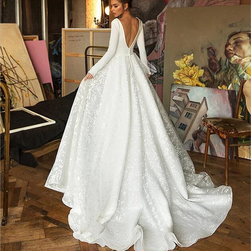 Booma Lace Wedding Dresses 2022 Long Sleeve V-neck Boho Bridal Gowns Satin Backless White Vestido de noiva Plus size custom-made