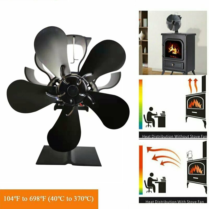 Ventilador de chimenea o estufa de 4 aspas para uso en el hogar, sistema de ventilación para quemador de madera, tranquilo, color negro, con distribución eficiente del calor en la casa