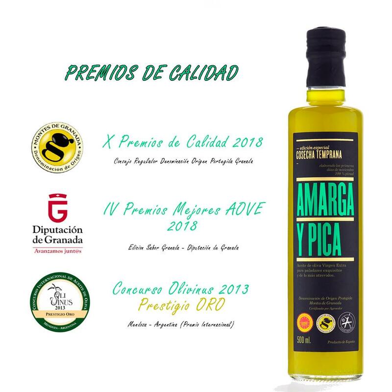 Aceite de Oliva Virgen Extra Amarga y Pica - 500ml [Picual][Origen de España][Primera Concha] [Paquete de Regalo]