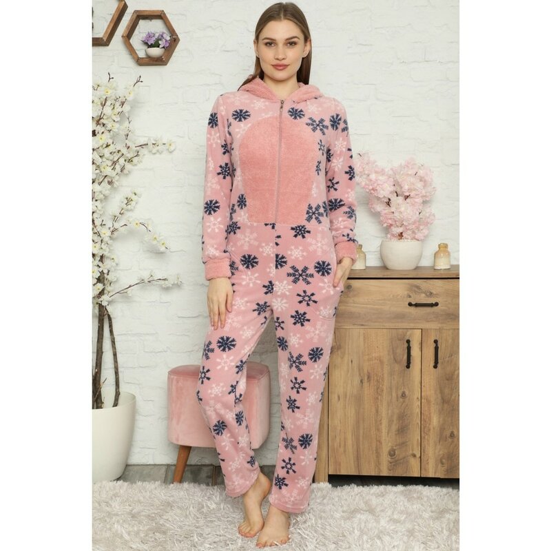 Snowflake patterned women's plush fleece pajamas set Winter autumn spring fashion elegant modern quality pink hooded casual casual