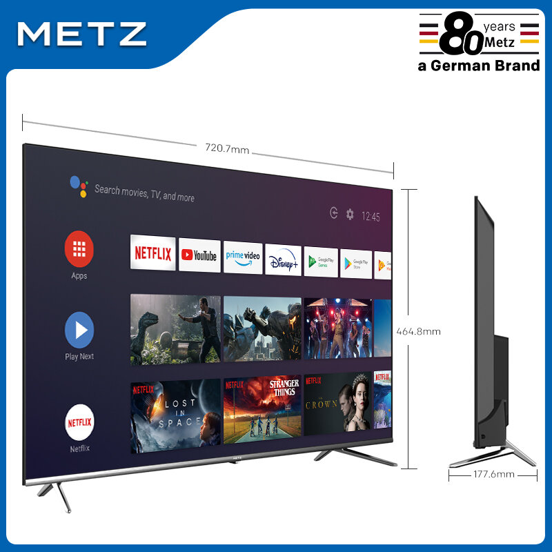 텔레비전 32 인치 스마트 TV METZ 32MTB7000 안드로이드 TV 9.0 Frameless 구글 어시스턴트 음성 원격 제어 2 년 보증