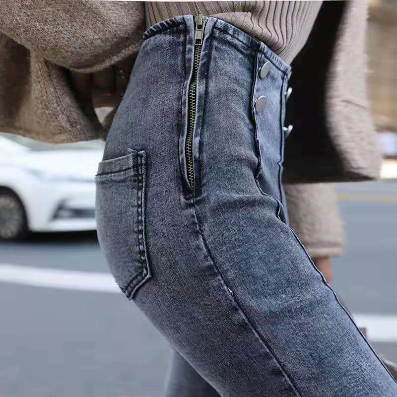 جينز نسائي خريفي بخصر مرتفع ، بنطال ضيق ، جينز ضيق مع بطانة من الصوف وحزام خصر مرن ، جينز غير رسمي