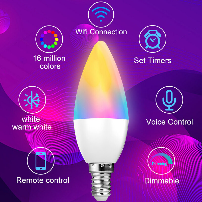 Умная Светодиодная лампа Tuya с Wi-Fi, волшесветильник лампа E14 с изменяемыми цветами, с голосовым управлением, работает с Alexa Google Home, 5 Вт