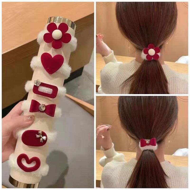 7Pcs/Set Flocking Surface INS Style Red Plush Hair Rope Autumn And Winter Hair Circle Hair Rope Rubber Band Hair Accessories