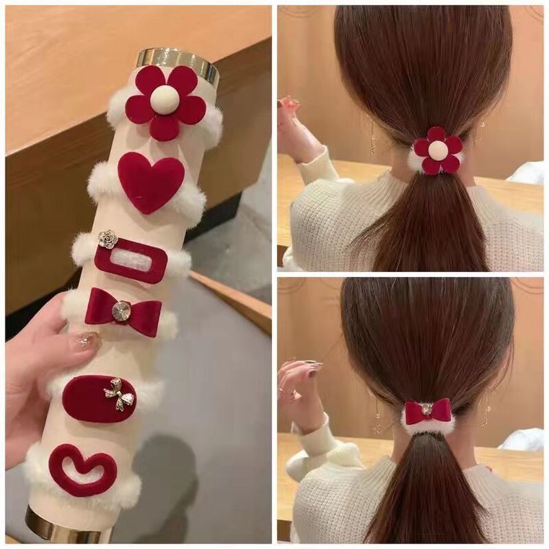 7 pçs/set reunindo superfície ins estilo vermelho pelúcia corda de cabelo outono e inverno círculo cabelo corda de borracha acessórios de cabelo