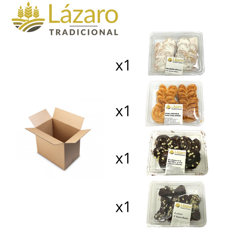 Lázaro Pack Surtido De Hojaldres 1150g, (300g Palmeras Bollo chocolate), (250g palmeras de Hojaldre), (300g lazos chocolate)