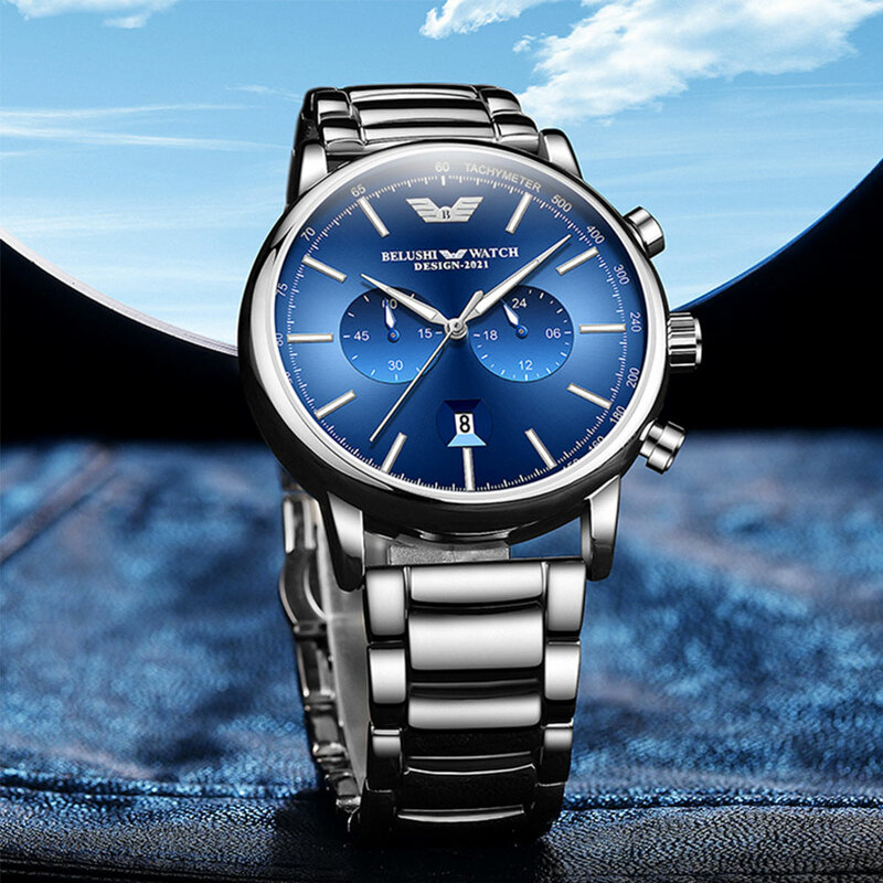 Belushi 2022 Luxury นาฬิกาผู้ชายจัดส่งฟรีชายนาฬิกาควอตซ์วันที่ Chronograph ผู้ชายนาฬิกาข้อมือ Luminous กันน้ำ30M